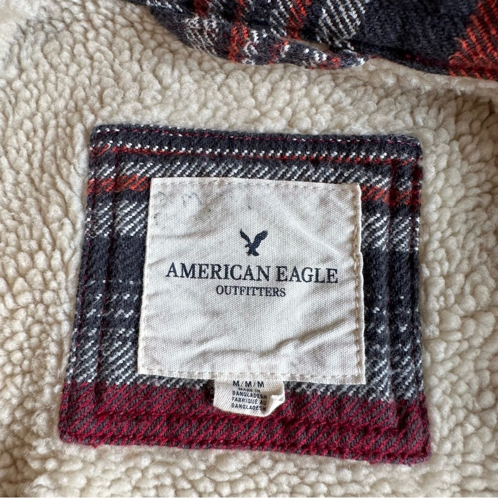 American Eagle Men’s Sherpa Shacket Red Orange Black Gray Striped Size M EUC - Picture 4 of 10